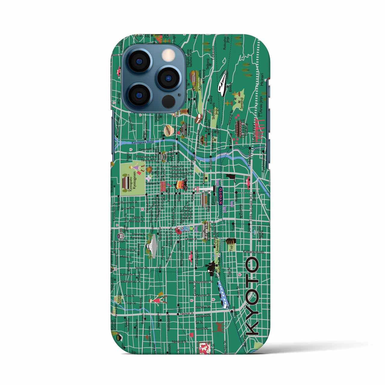 【京都（イラスト）】地図柄iPhoneケース（バックカバータイプ・常盤緑）iPhone 12 / 12 Pro 用