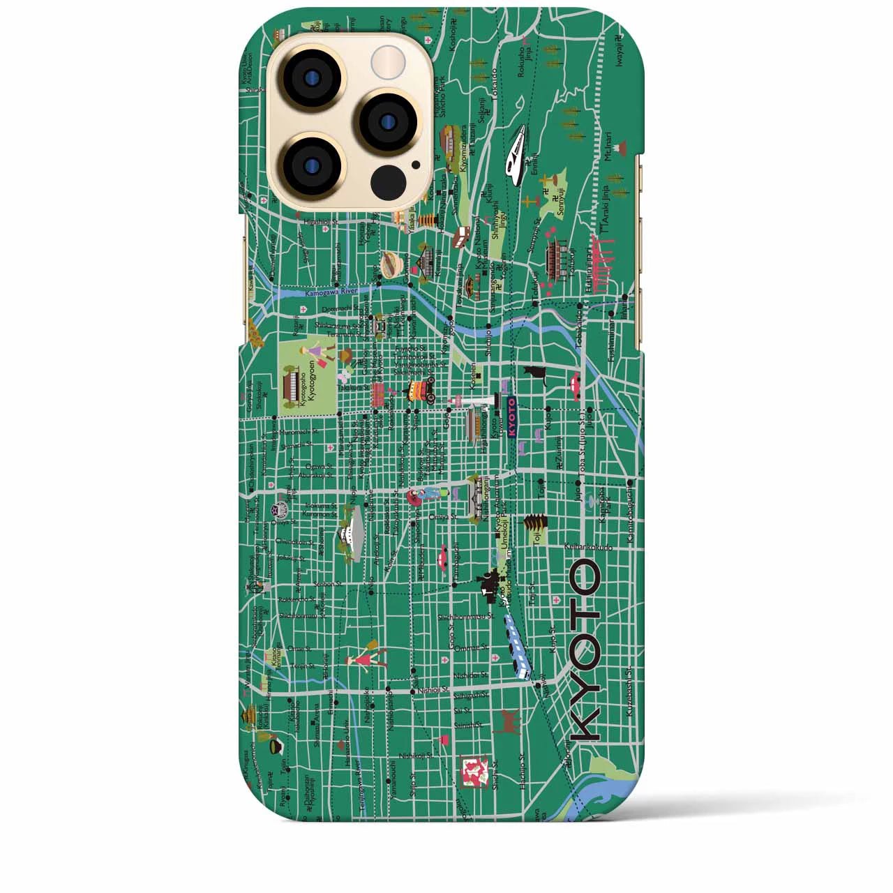 【京都（イラスト）】地図柄iPhoneケース（バックカバータイプ・常盤緑）iPhone 12 Pro Max 用