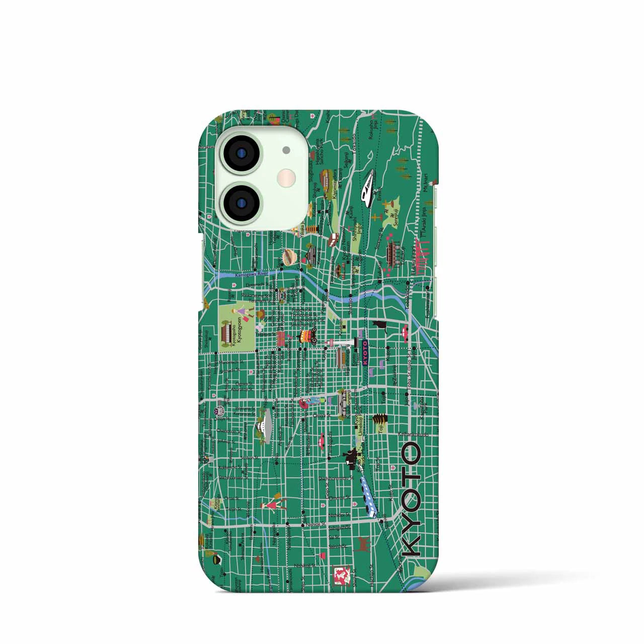 【京都（イラスト）】地図柄iPhoneケース（バックカバータイプ・常盤緑）iPhone 12 mini 用
