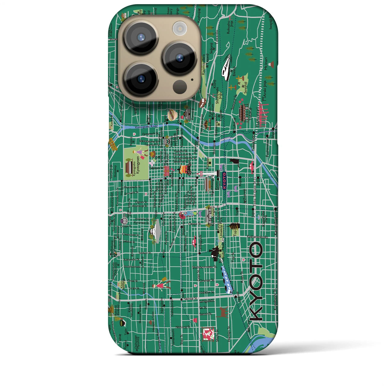 【京都（イラスト）】地図柄iPhoneケース（バックカバータイプ・常盤緑）iPhone 14 Pro Max 用