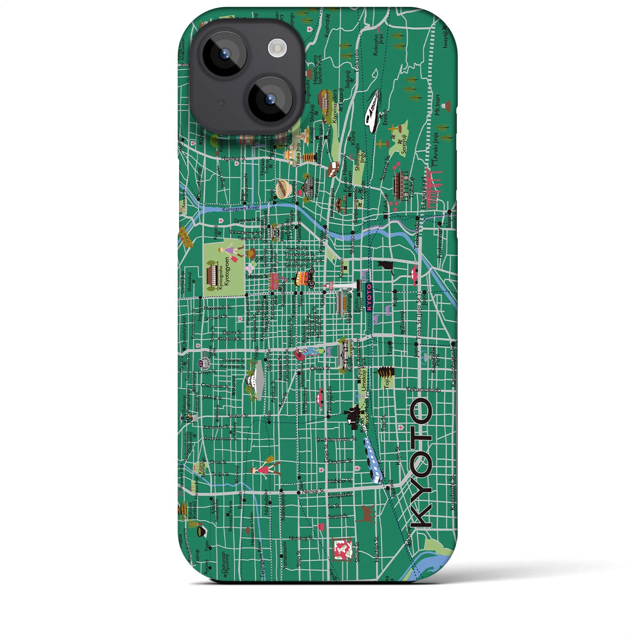【京都（イラスト）】地図柄iPhoneケース（バックカバータイプ・常盤緑）iPhone 14 Plus 用