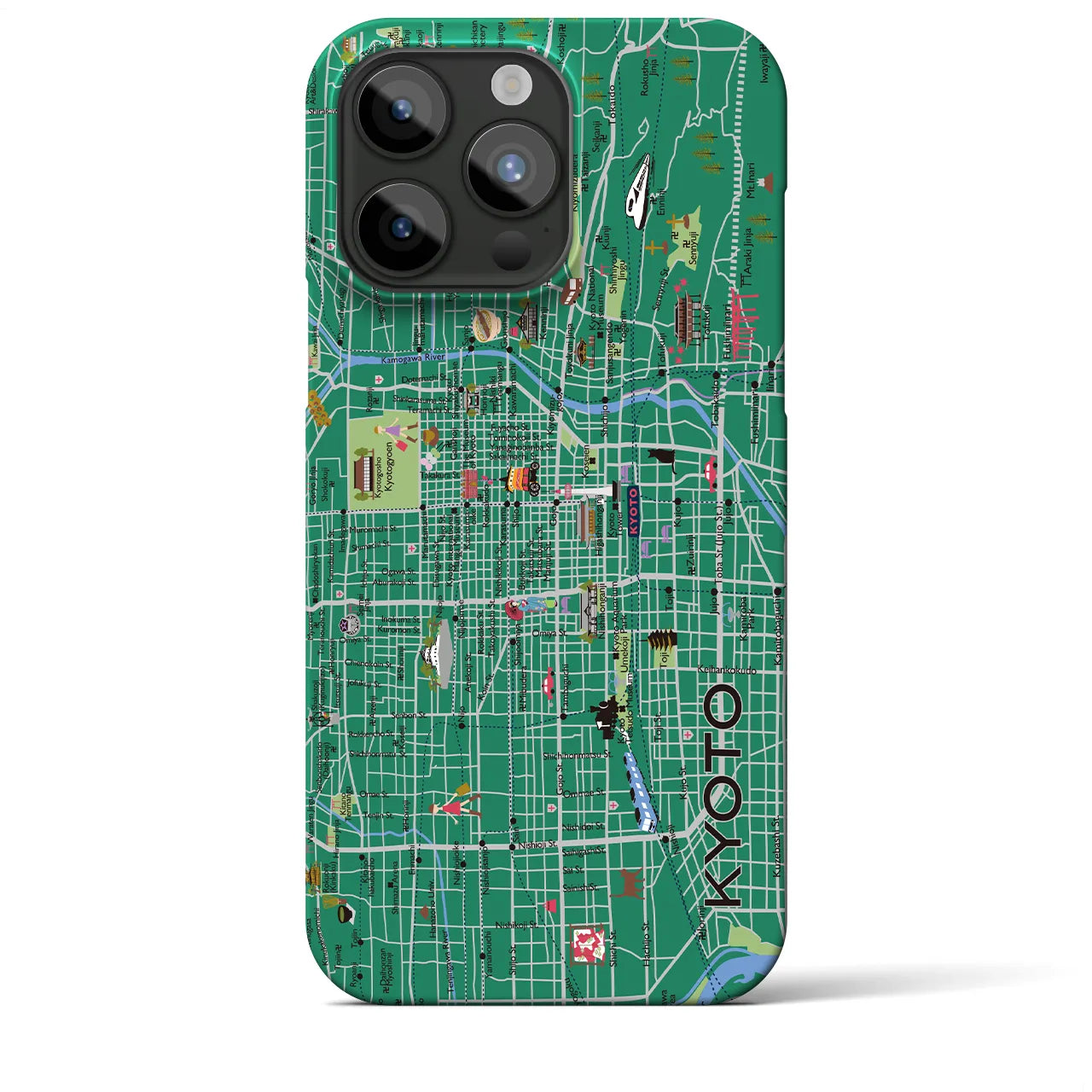 【京都（イラスト）】地図柄iPhoneケース（バックカバータイプ・常盤緑）iPhone 15 Pro Max 用