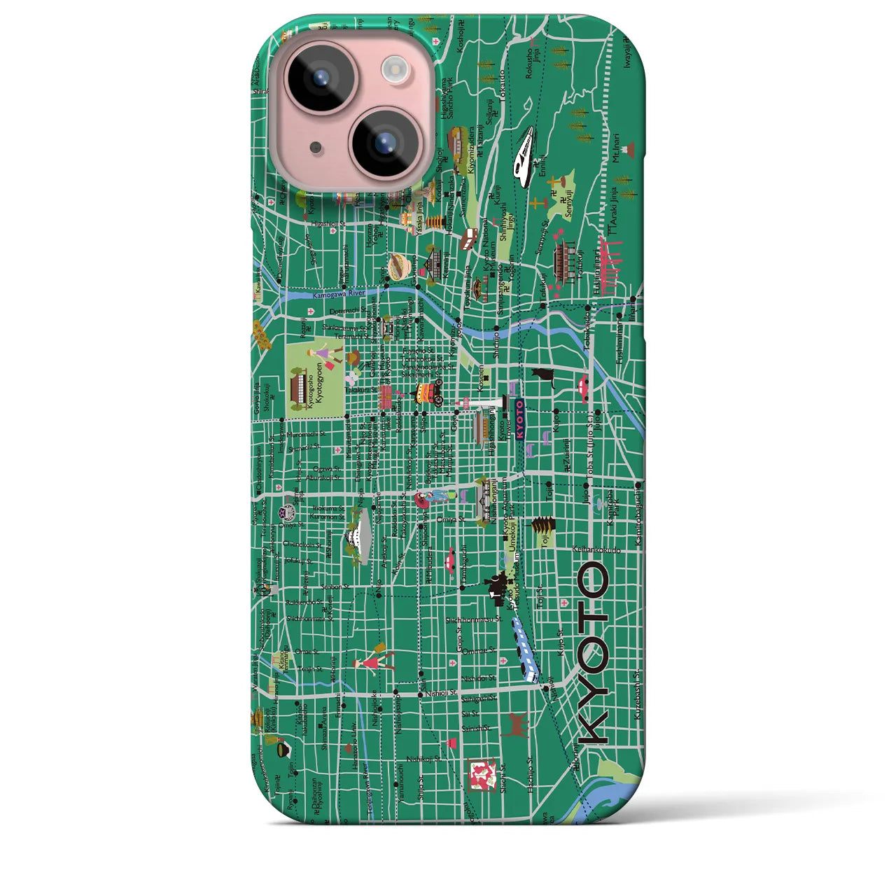 【京都（イラスト）】地図柄iPhoneケース（バックカバータイプ・常盤緑）iPhone 15 Plus 用