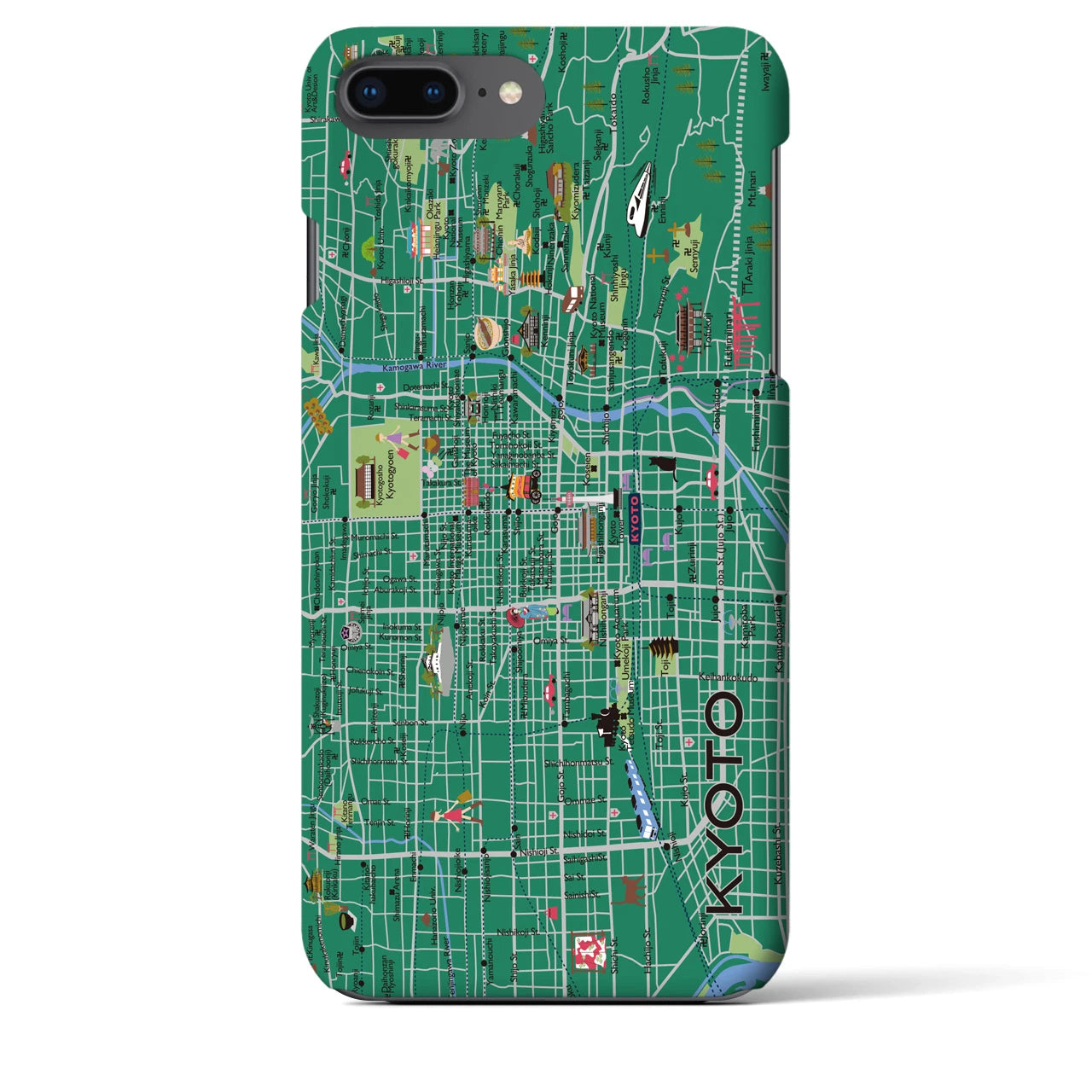 【京都（イラスト）】地図柄iPhoneケース（バックカバータイプ・常盤緑）iPhone 8Plus /7Plus / 6sPlus / 6Plus 用