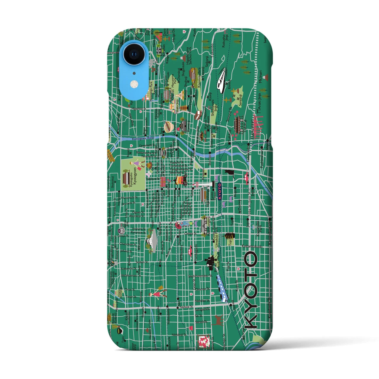 【京都（イラスト）】地図柄iPhoneケース（バックカバータイプ・常盤緑）iPhone XR 用