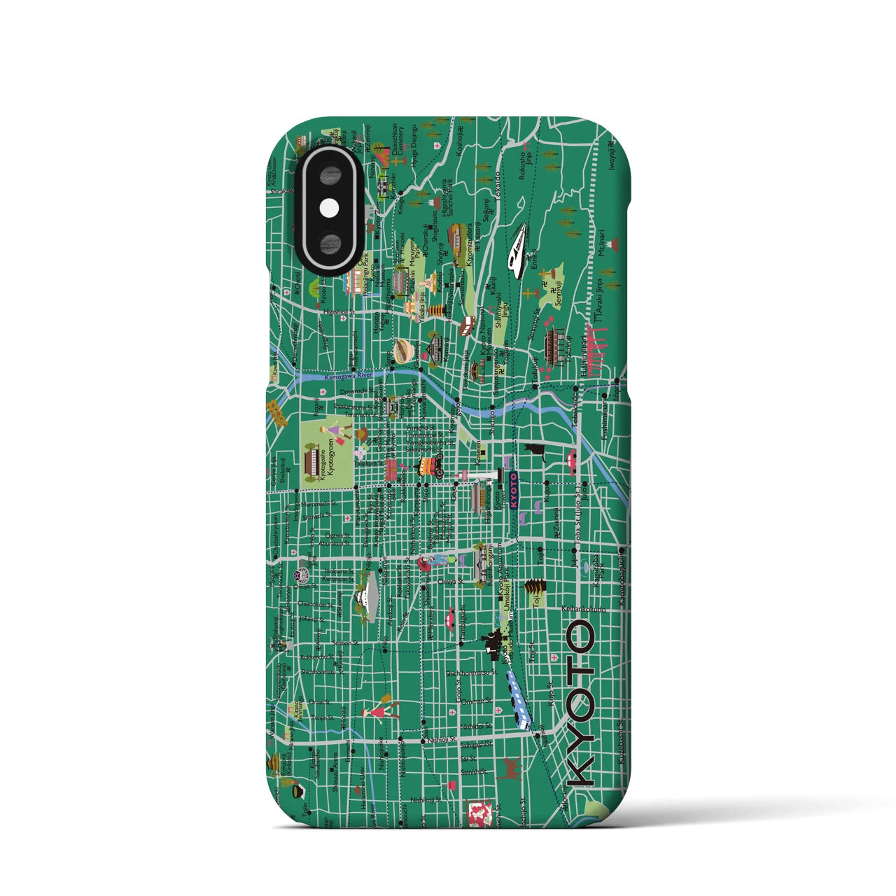 【京都（イラスト）】地図柄iPhoneケース（バックカバータイプ・常盤緑）iPhone XS / X 用