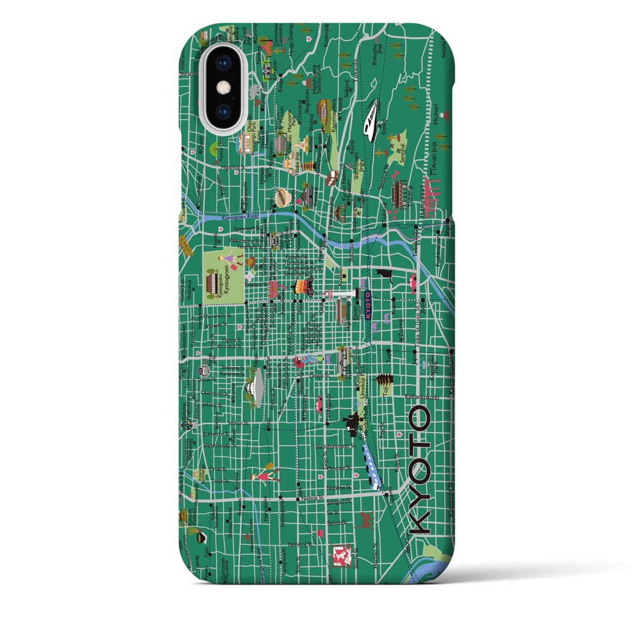 【京都（イラスト）】地図柄iPhoneケース（バックカバータイプ・常盤緑）iPhone XS Max 用