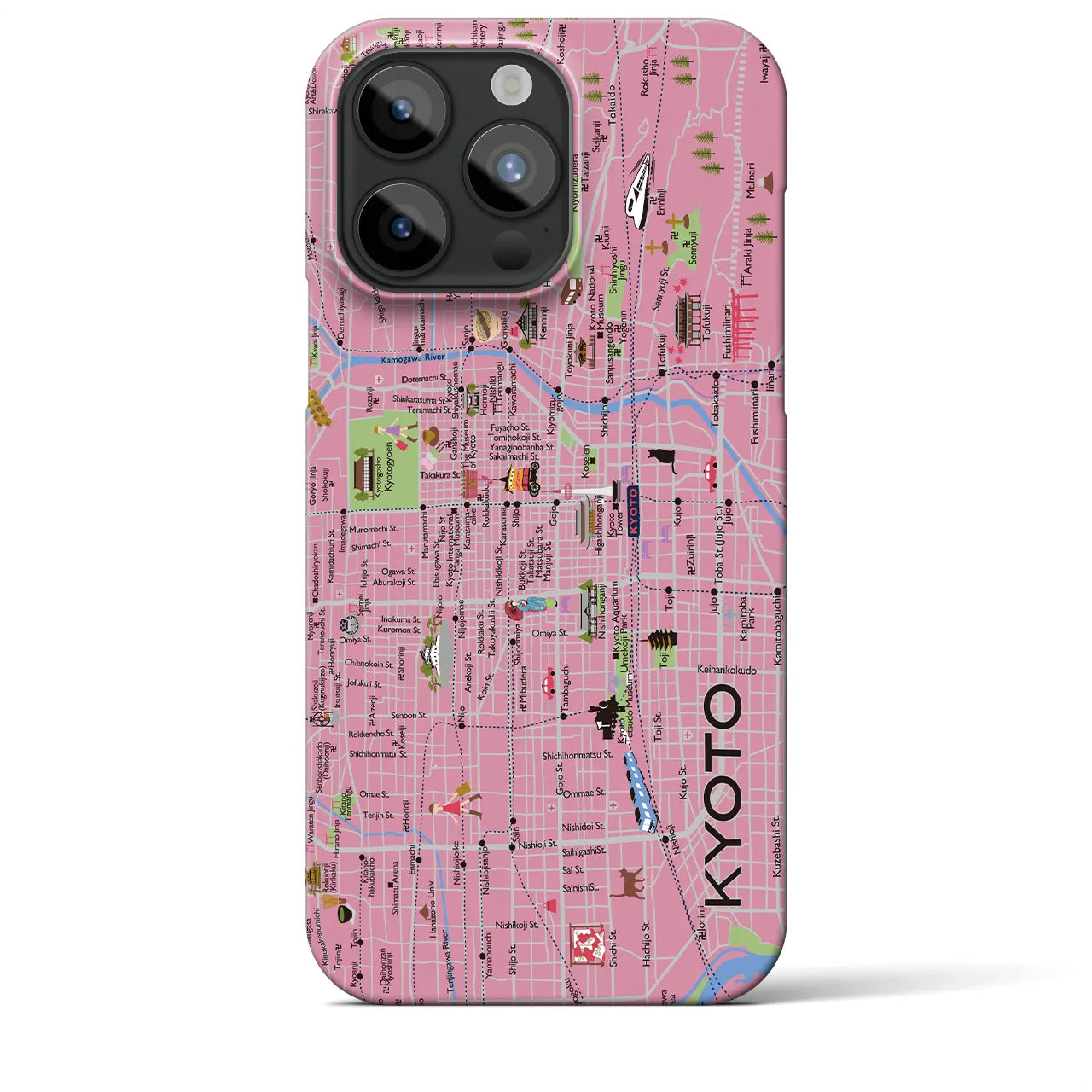 【京都（イラスト）】地図柄iPhoneケース（バックカバータイプ・薄紅梅）iPhone 15 Pro Max 用