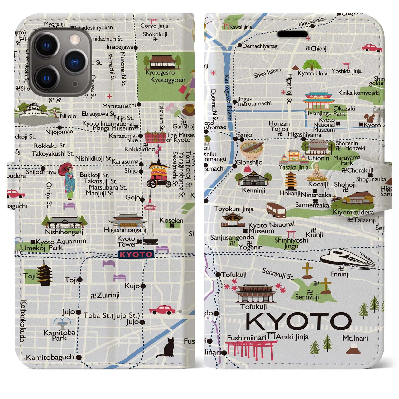 【京都（イラスト）】地図柄iPhoneケース（手帳両面タイプ・白すみれ）iPhone 11 Pro Max 用