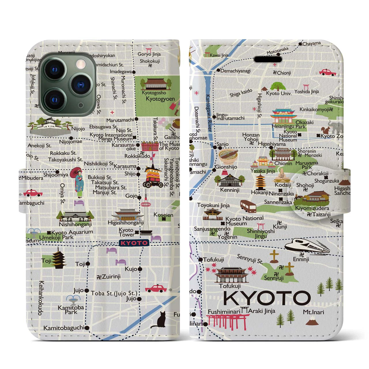 【京都（イラスト）】地図柄iPhoneケース（手帳両面タイプ・白すみれ）iPhone 11 Pro 用
