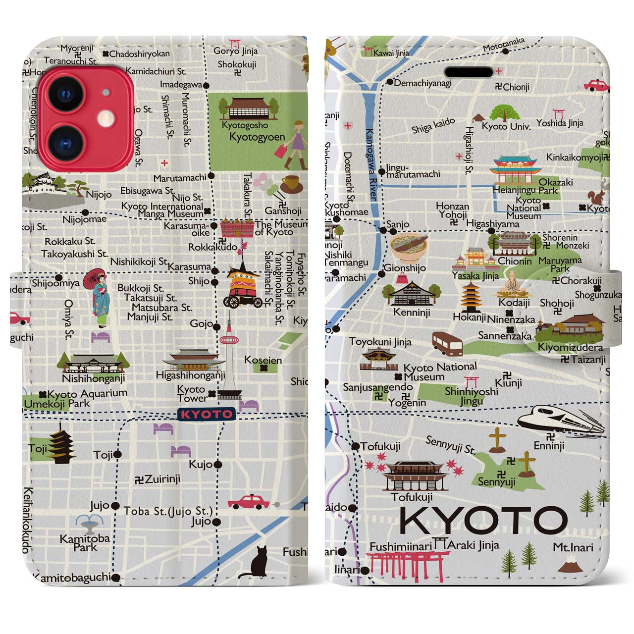 【京都（イラスト）】地図柄iPhoneケース（手帳両面タイプ・白すみれ）iPhone 11 用