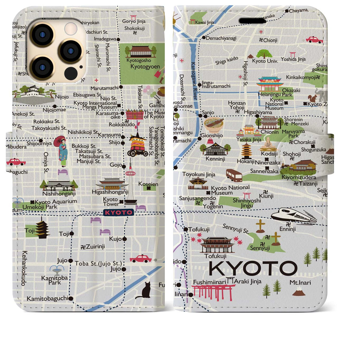 【京都（イラスト）】地図柄iPhoneケース（手帳両面タイプ・白すみれ）iPhone 12 Pro Max 用