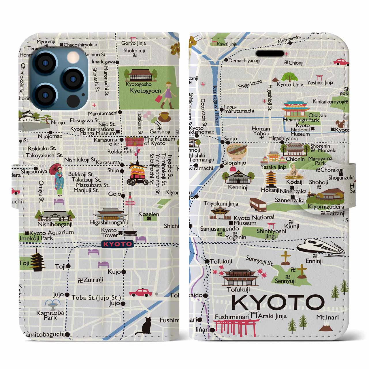 【京都（イラスト）】地図柄iPhoneケース（手帳両面タイプ・白すみれ）iPhone 12 / 12 Pro 用