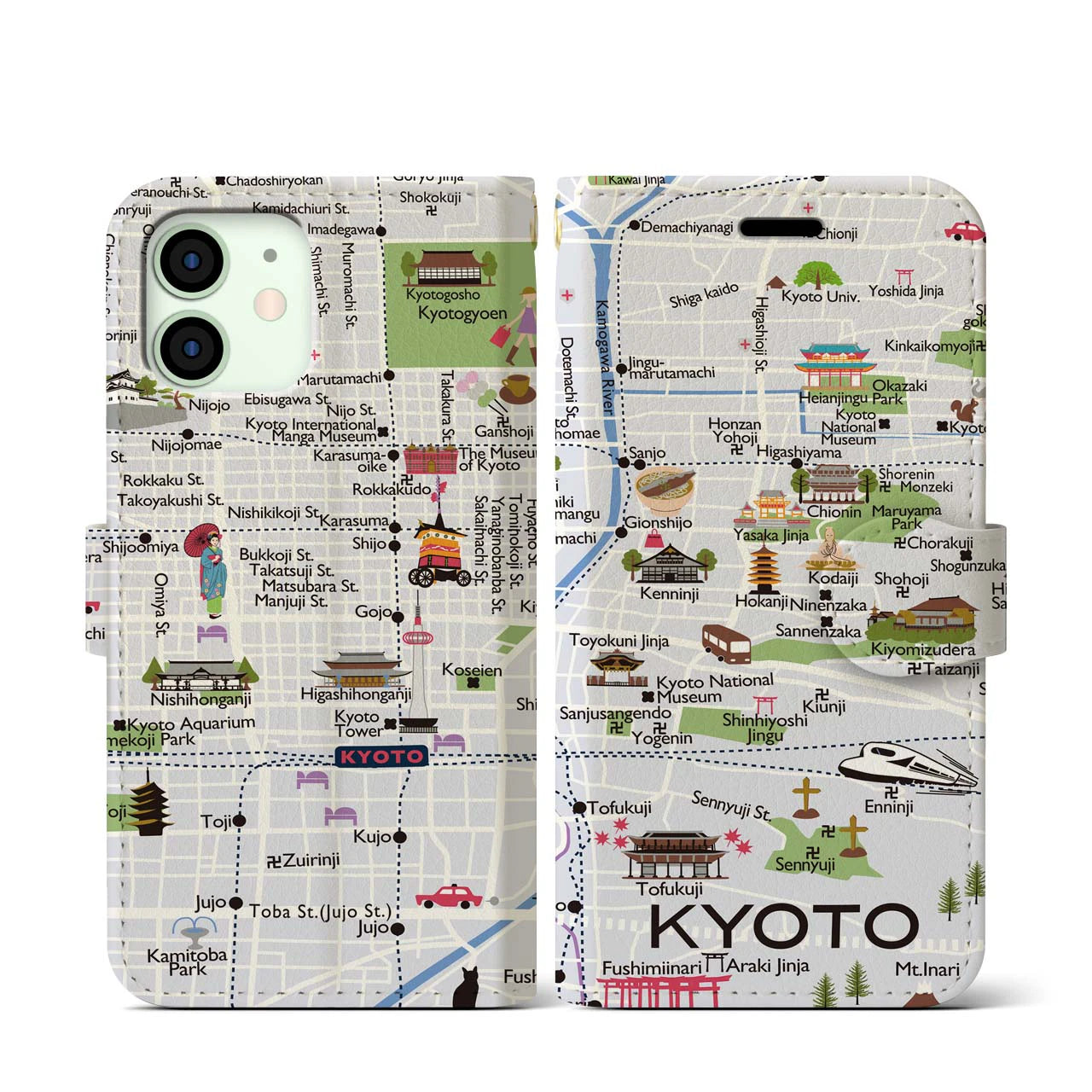 【京都（イラスト）】地図柄iPhoneケース（手帳両面タイプ・白すみれ）iPhone 12 mini 用