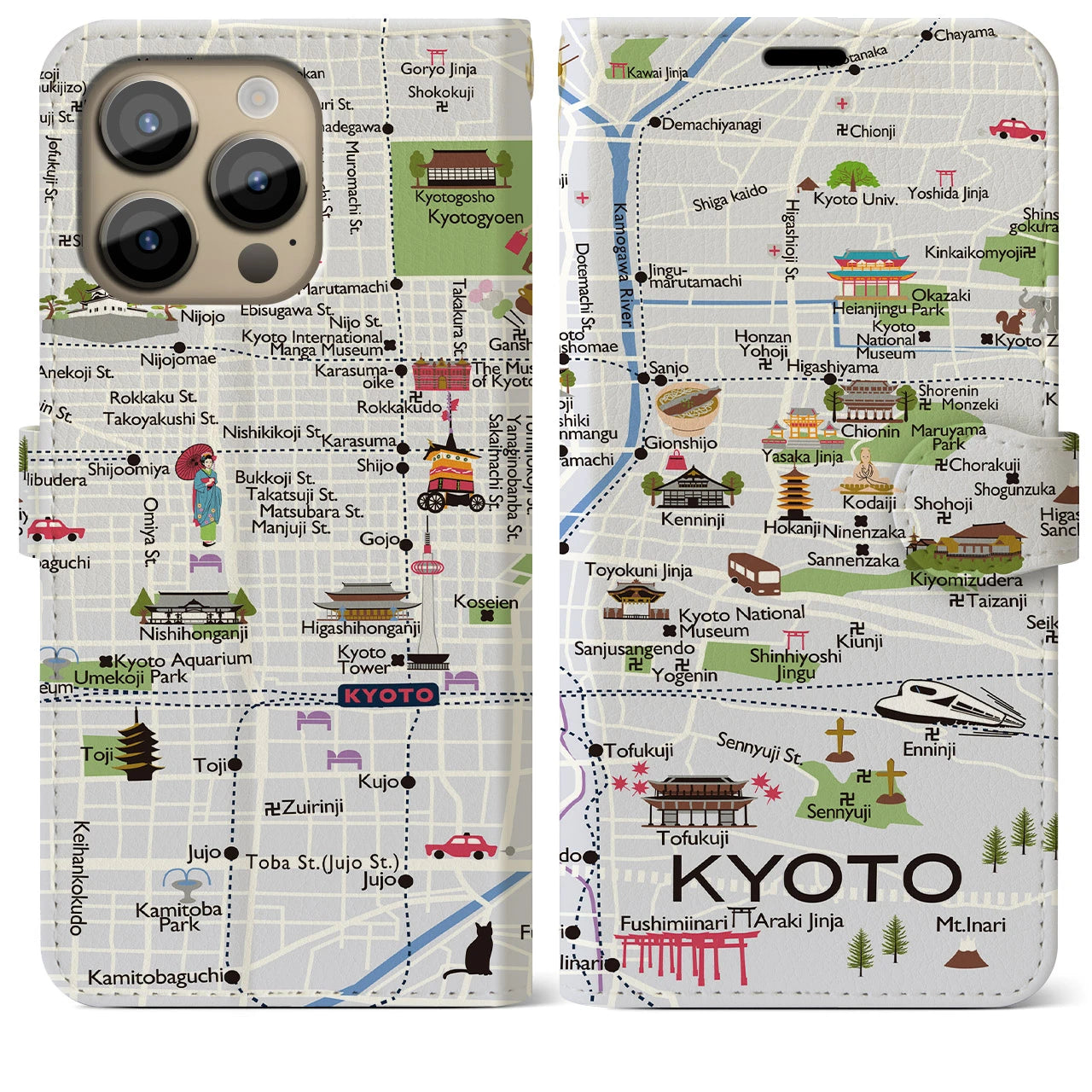【京都（イラスト）】地図柄iPhoneケース（手帳両面タイプ・白すみれ）iPhone 14 Pro Max 用