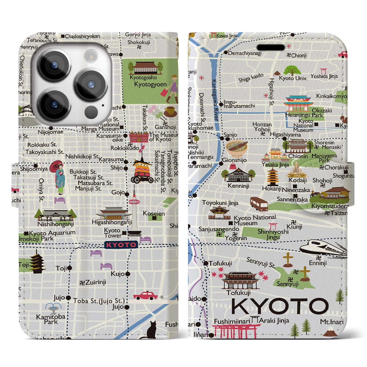 【京都（イラスト）】地図柄iPhoneケース（手帳両面タイプ・白すみれ）iPhone 14 Pro 用