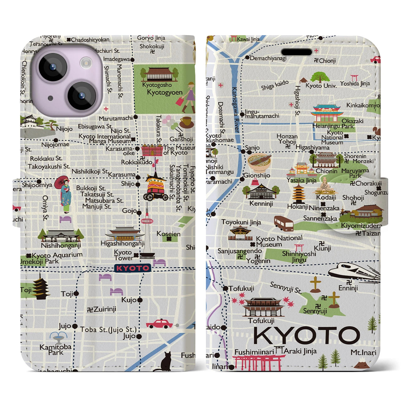 【京都（イラスト）】地図柄iPhoneケース（手帳両面タイプ・白すみれ）iPhone 14 用