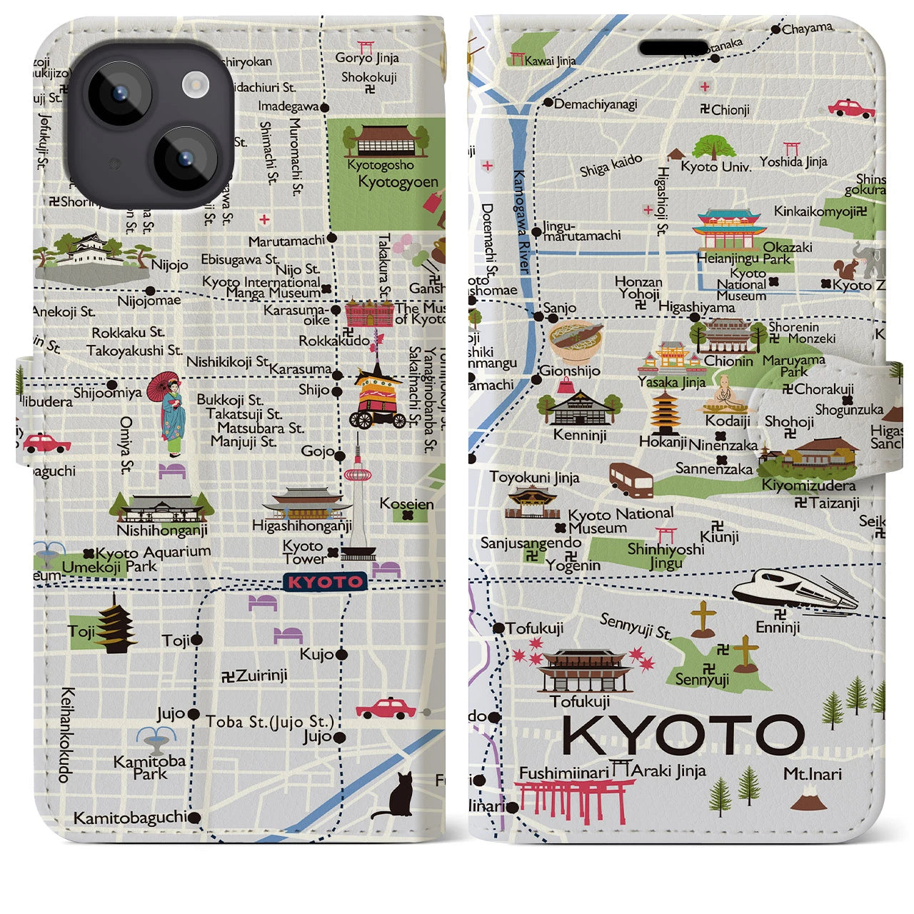 【京都（イラスト）】地図柄iPhoneケース（手帳両面タイプ・白すみれ）iPhone 14 Plus 用