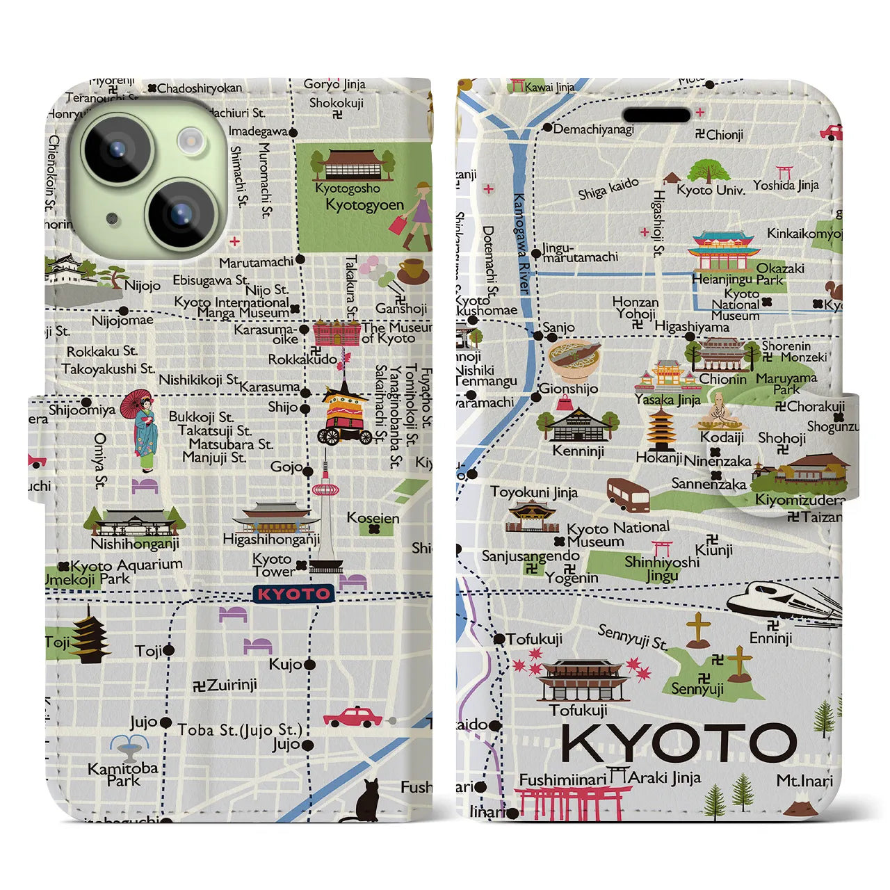 【京都（イラスト）】地図柄iPhoneケース（手帳両面タイプ・白すみれ）iPhone 15 用
