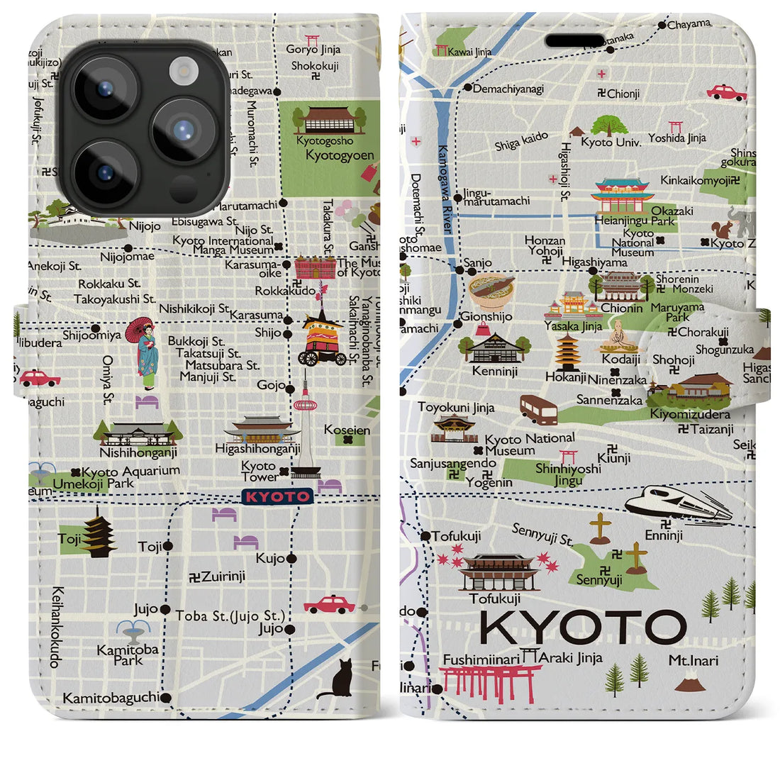 【京都（イラスト）】地図柄iPhoneケース（手帳両面タイプ・白すみれ）iPhone 15 Pro Max 用