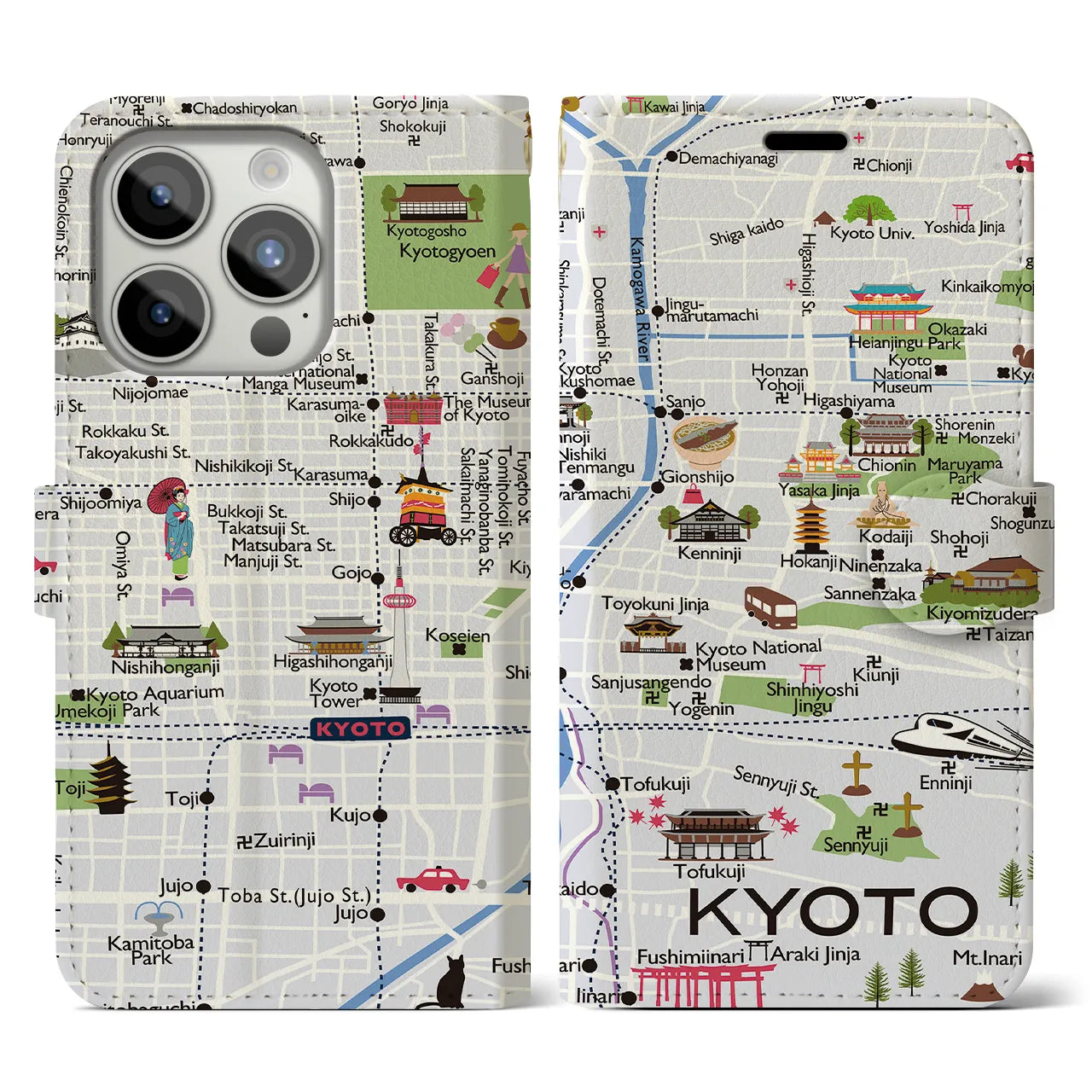 【京都（イラスト）】地図柄iPhoneケース（手帳両面タイプ・白すみれ）iPhone 15 Pro 用
