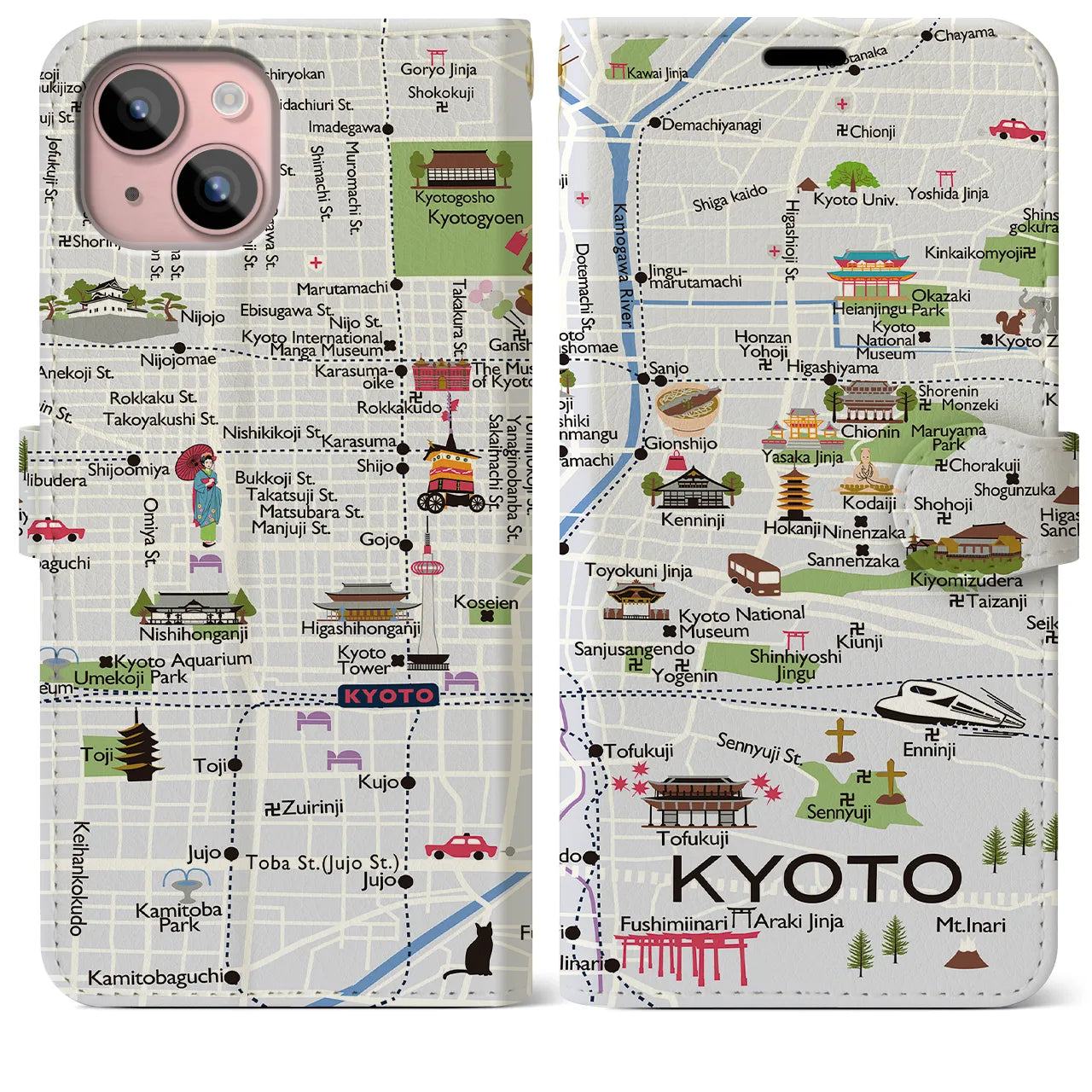 【京都（イラスト）】地図柄iPhoneケース（手帳両面タイプ・白すみれ）iPhone 15 Plus 用