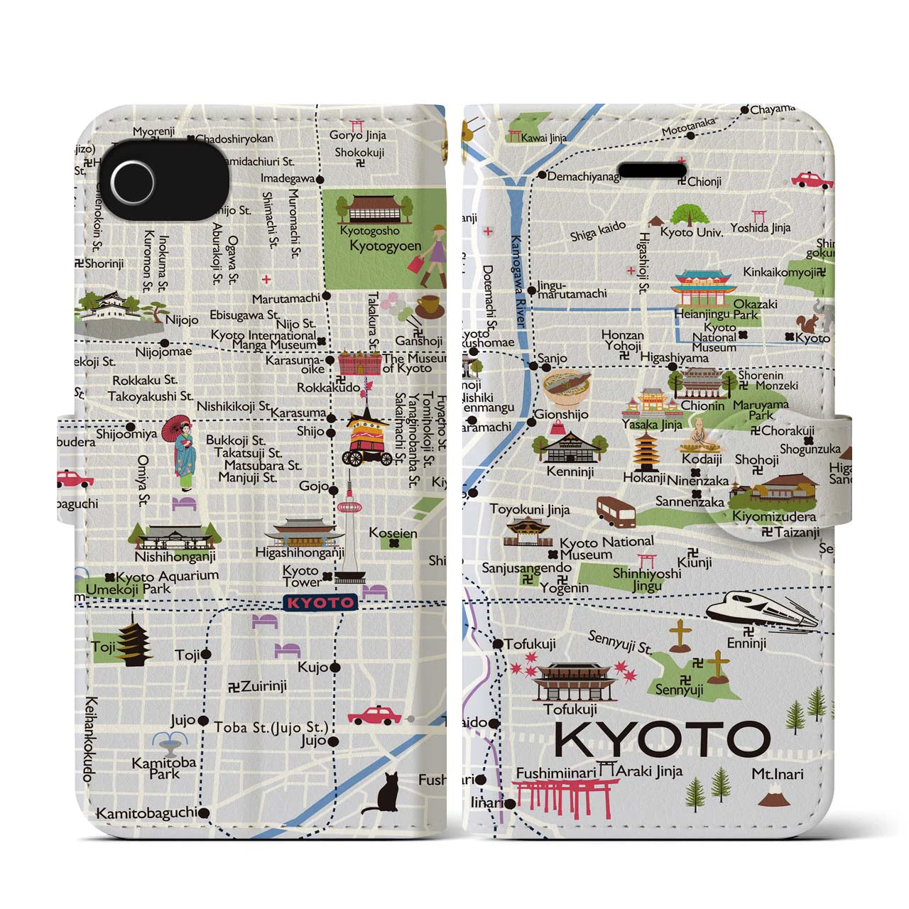 【京都（イラスト）】地図柄iPhoneケース（手帳両面タイプ・白すみれ）iPhone SE（第3 / 第2世代） / 8 / 7 / 6s / 6 用