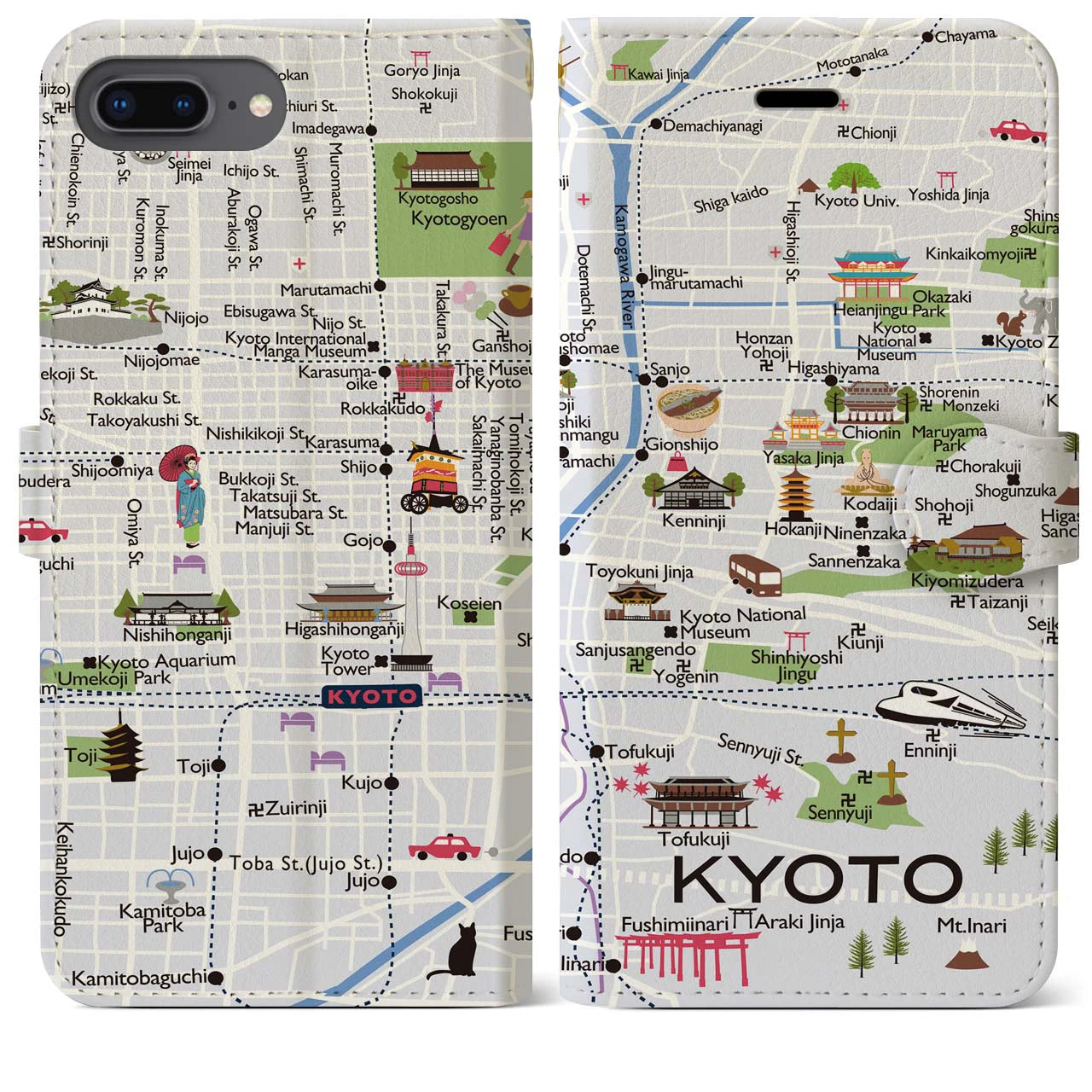 【京都（イラスト）】地図柄iPhoneケース（手帳両面タイプ・白すみれ）iPhone 8Plus /7Plus / 6sPlus / 6Plus 用