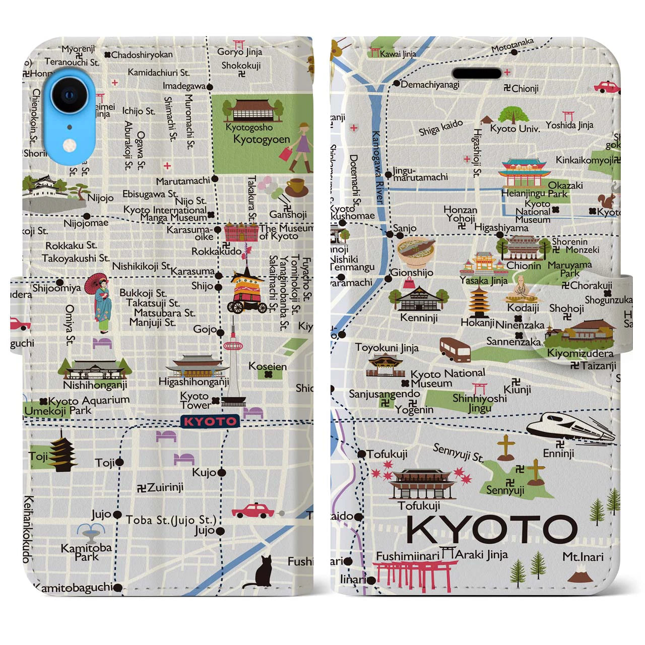 【京都（イラスト）】地図柄iPhoneケース（手帳両面タイプ・白すみれ）iPhone XR 用