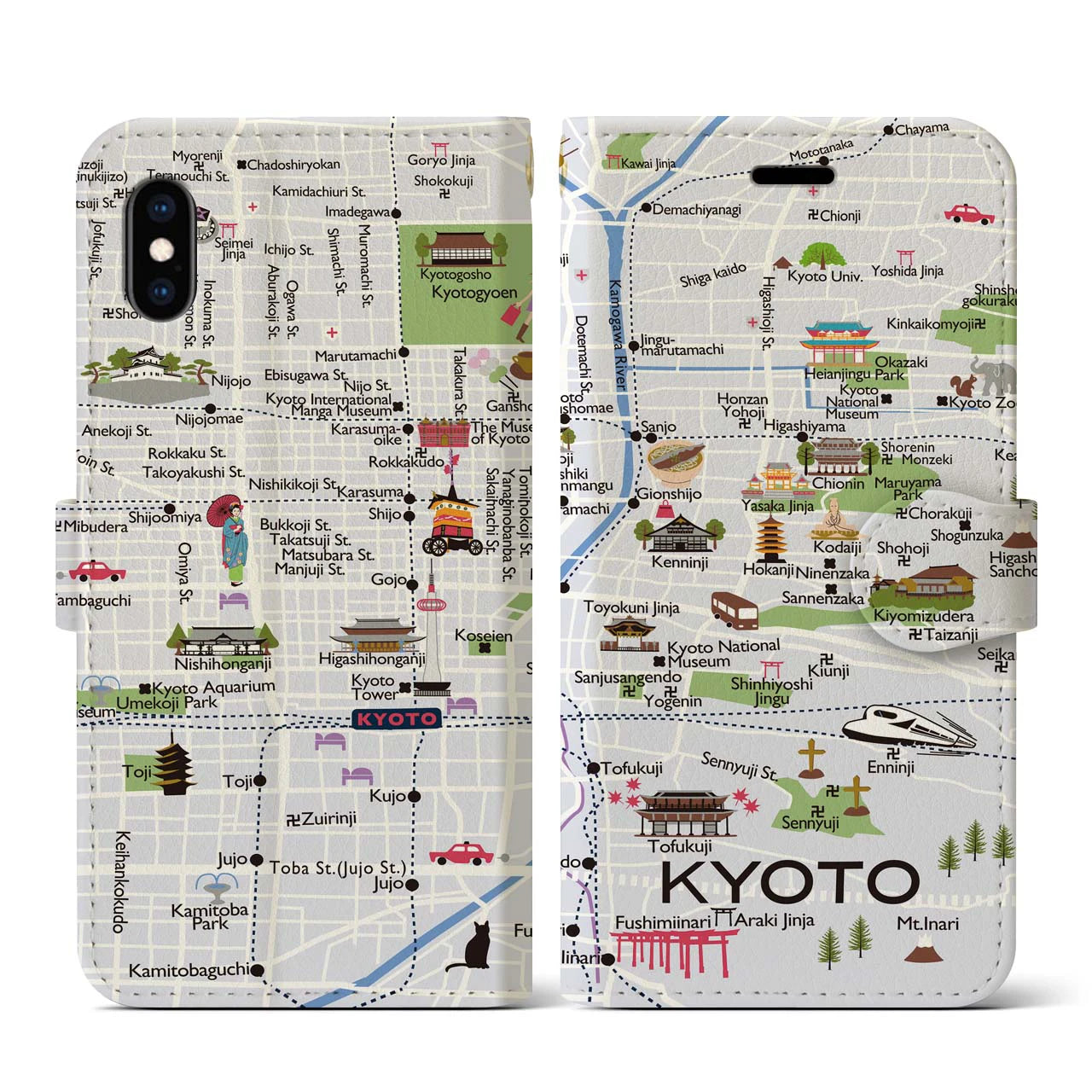 【京都（イラスト）】地図柄iPhoneケース（手帳両面タイプ・白すみれ）iPhone XS / X 用