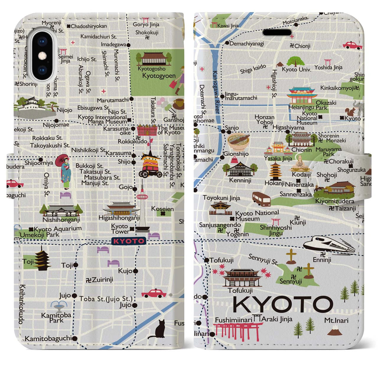 【京都（イラスト）】地図柄iPhoneケース（手帳両面タイプ・白すみれ）iPhone XS Max 用