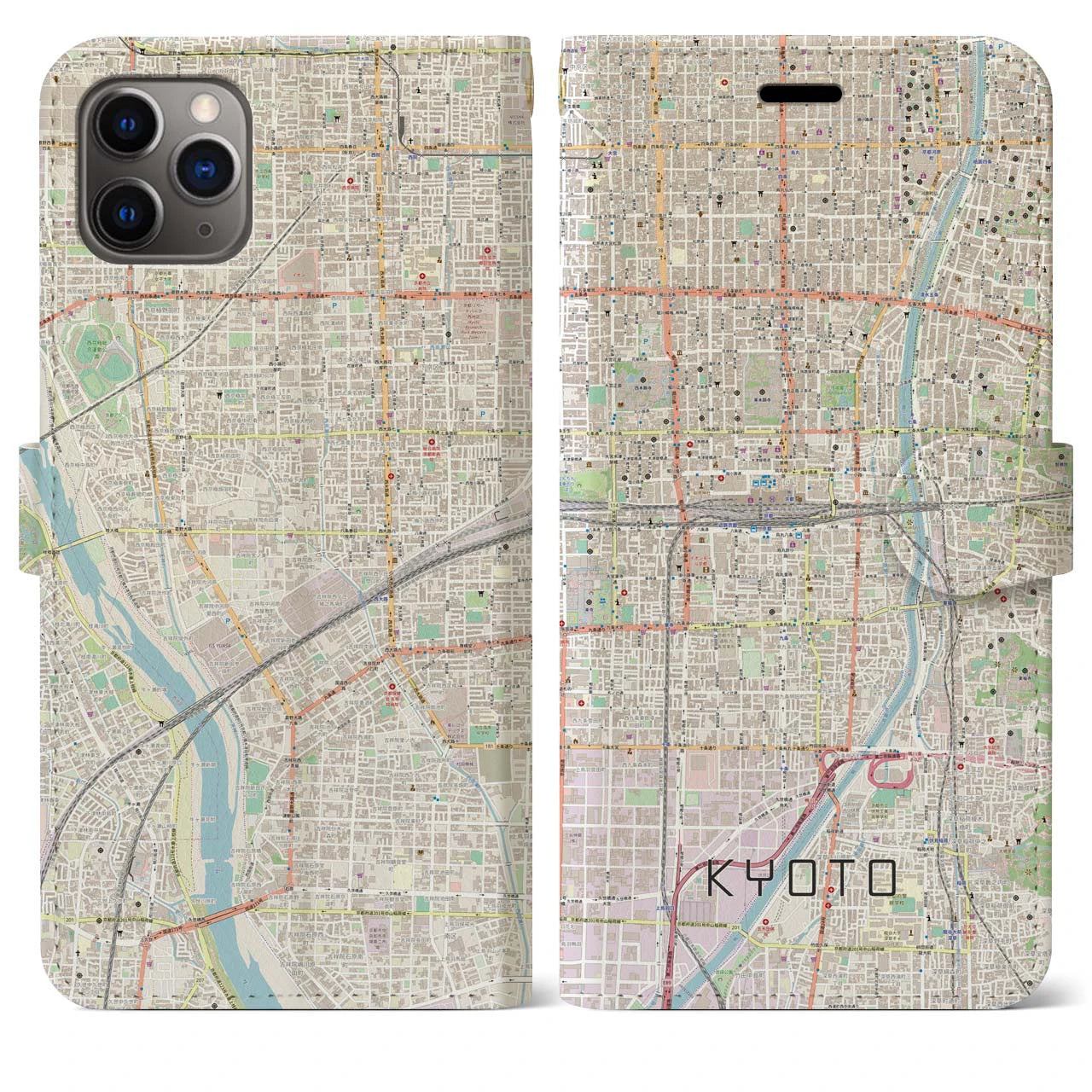 【京都2】地図柄iPhoneケース（手帳両面タイプ・ナチュラル）iPhone 11 Pro Max 用