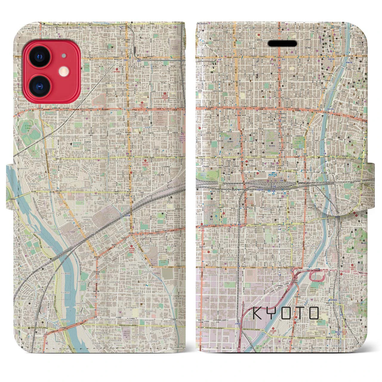 【京都2】地図柄iPhoneケース（手帳両面タイプ・ナチュラル）iPhone 11 用