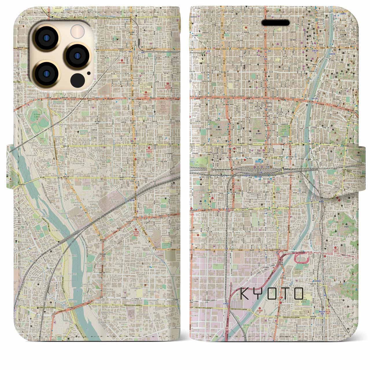 【京都2】地図柄iPhoneケース（手帳両面タイプ・ナチュラル）iPhone 12 Pro Max 用
