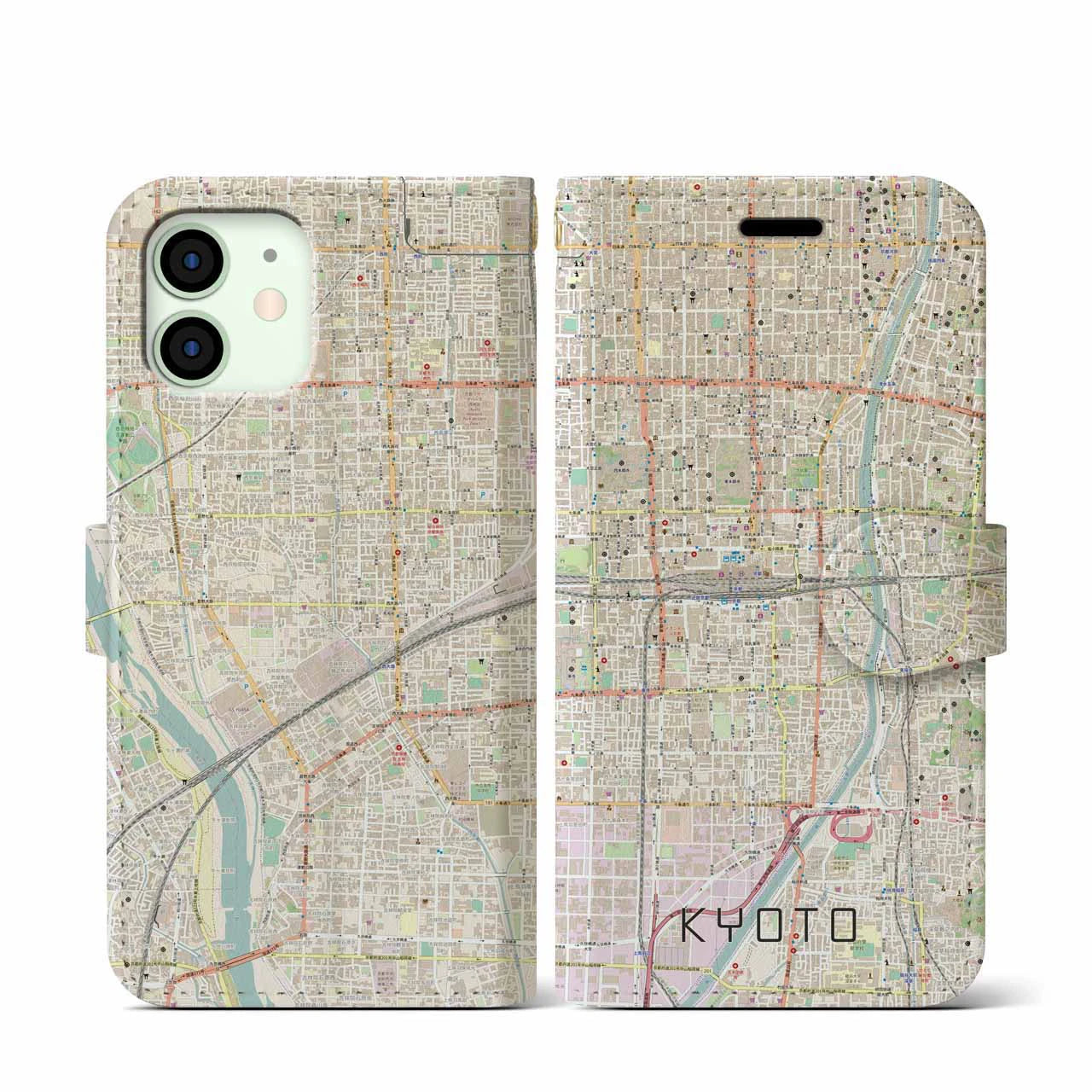 【京都2】地図柄iPhoneケース（手帳両面タイプ・ナチュラル）iPhone 12 mini 用