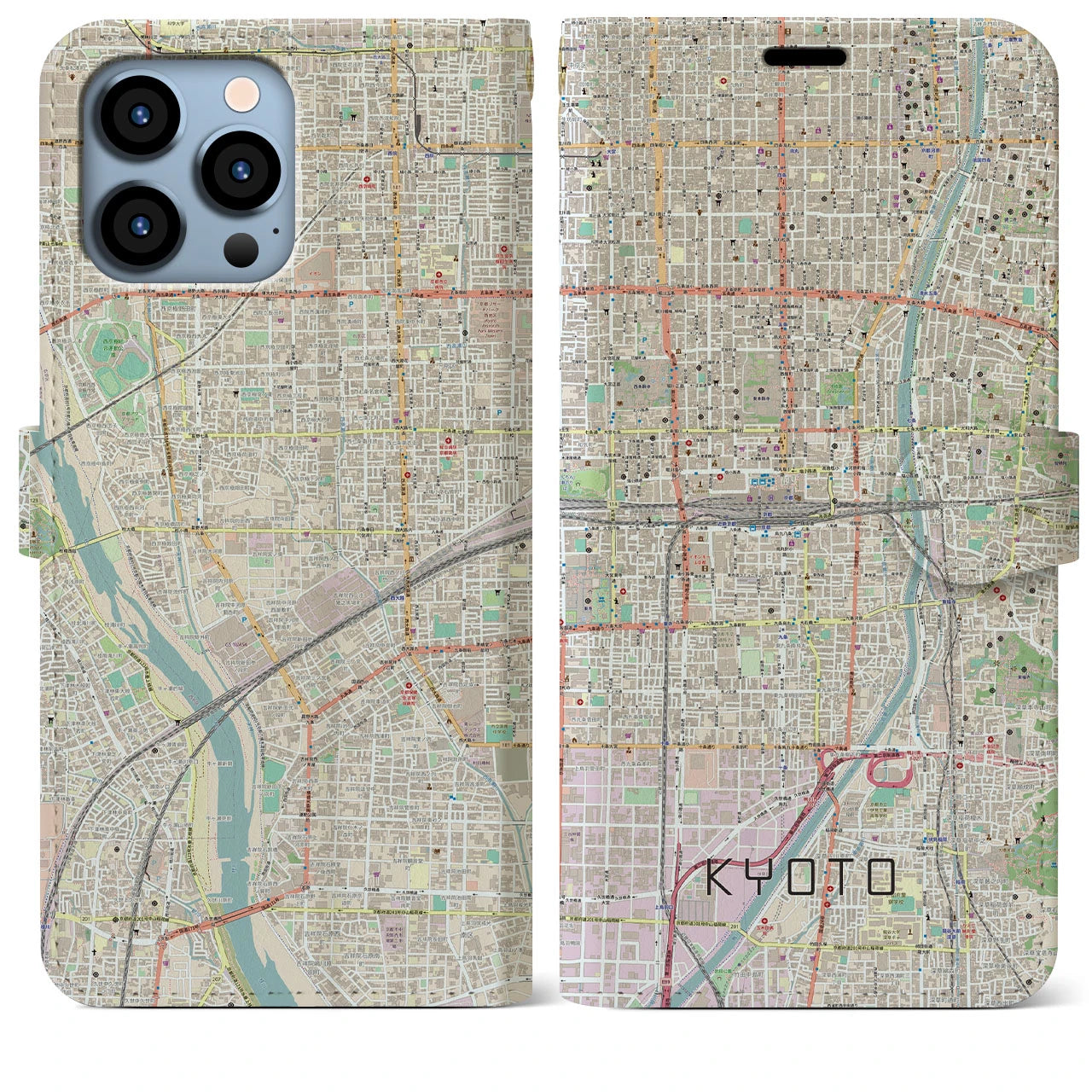【京都2】地図柄iPhoneケース（手帳両面タイプ・ナチュラル）iPhone 13 Pro Max 用