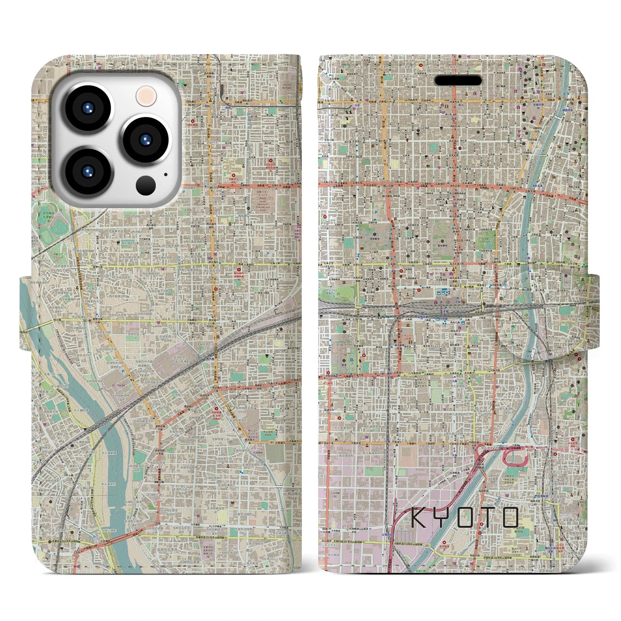 【京都2】地図柄iPhoneケース（手帳両面タイプ・ナチュラル）iPhone 13 Pro 用