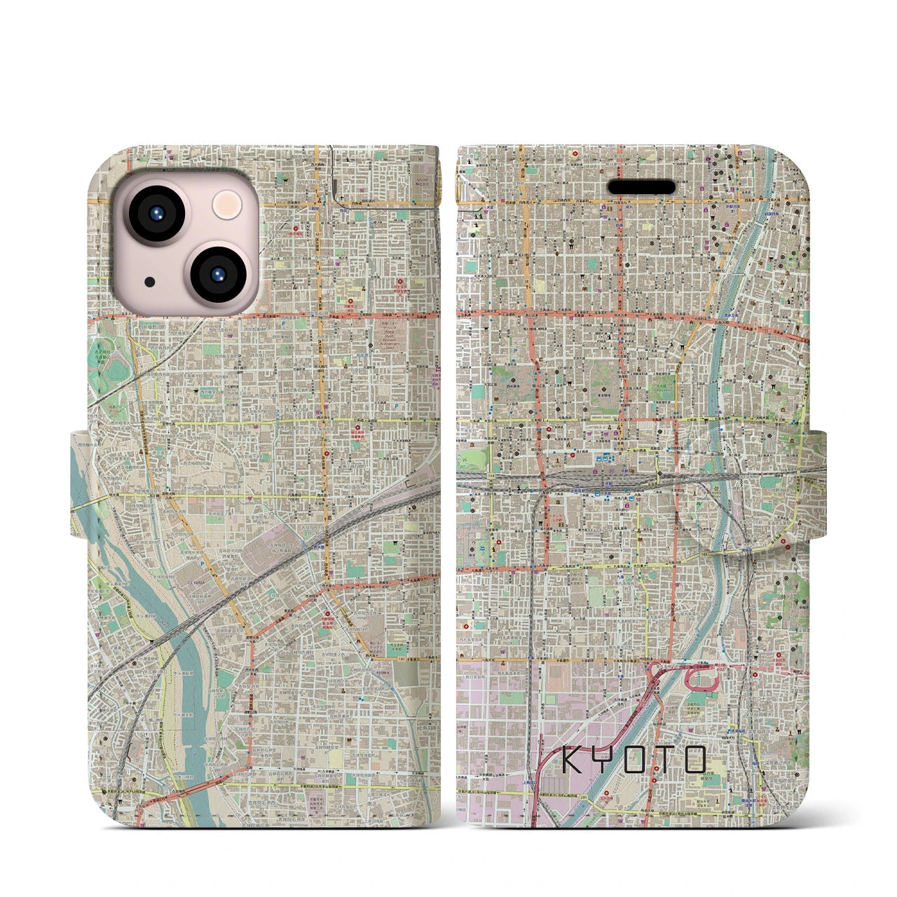 【京都2】地図柄iPhoneケース（手帳両面タイプ・ナチュラル）iPhone 13 mini 用