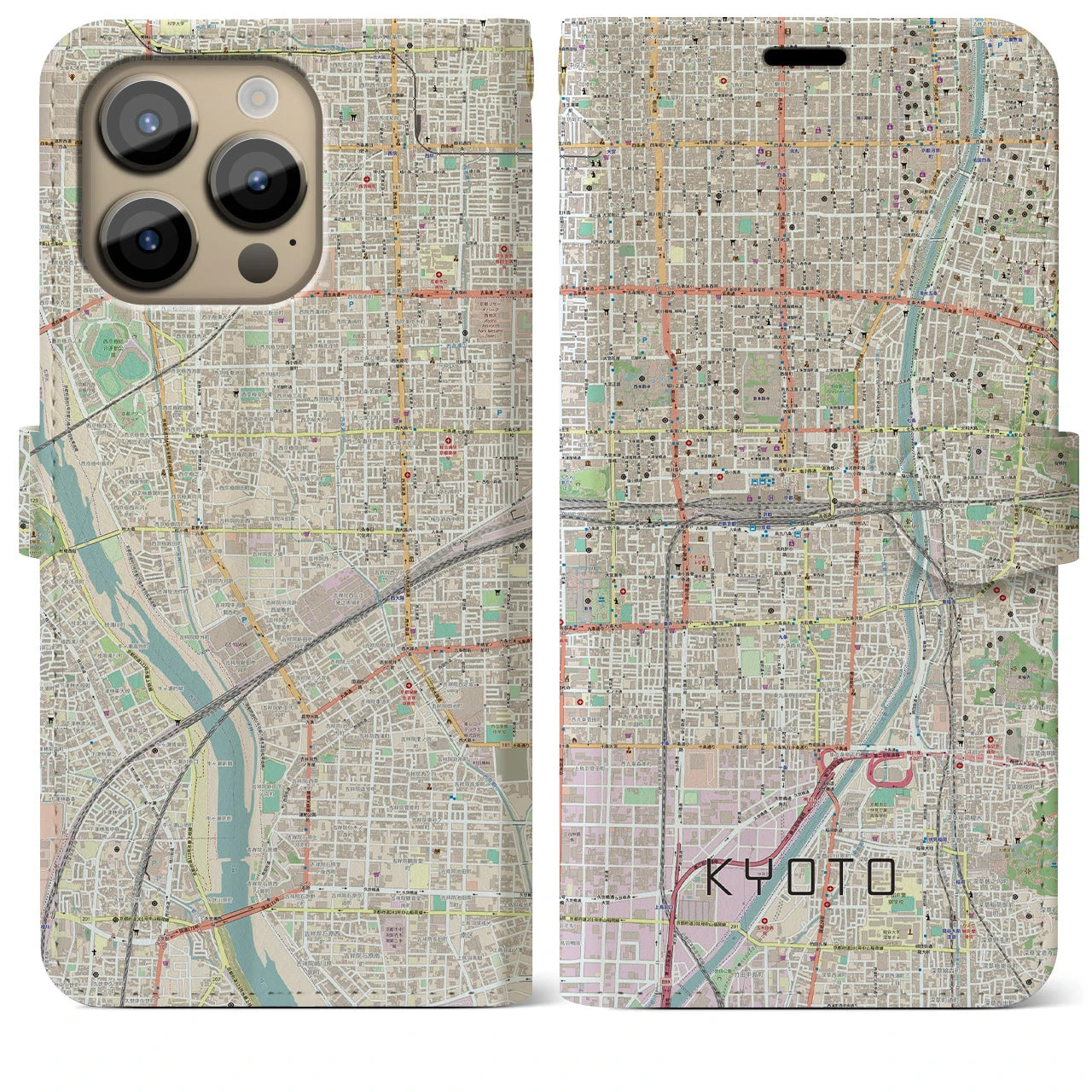 【京都2】地図柄iPhoneケース（手帳両面タイプ・ナチュラル）iPhone 14 Pro Max 用