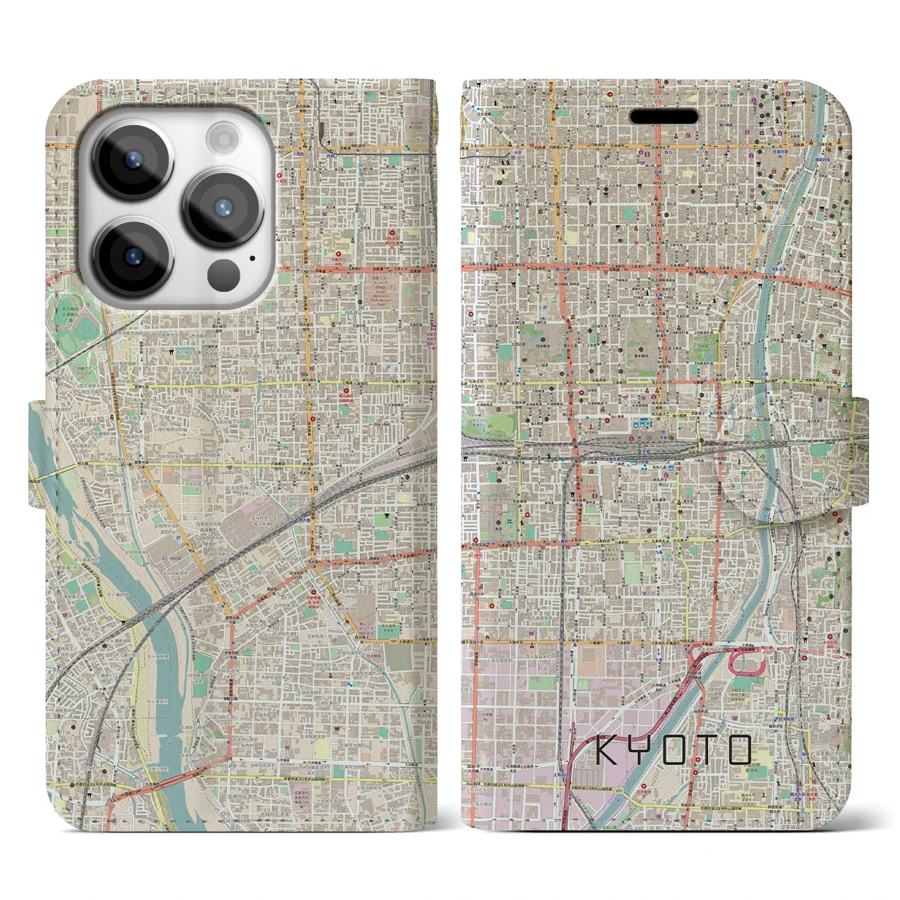 【京都2】地図柄iPhoneケース（手帳両面タイプ・ナチュラル）iPhone 14 Pro 用