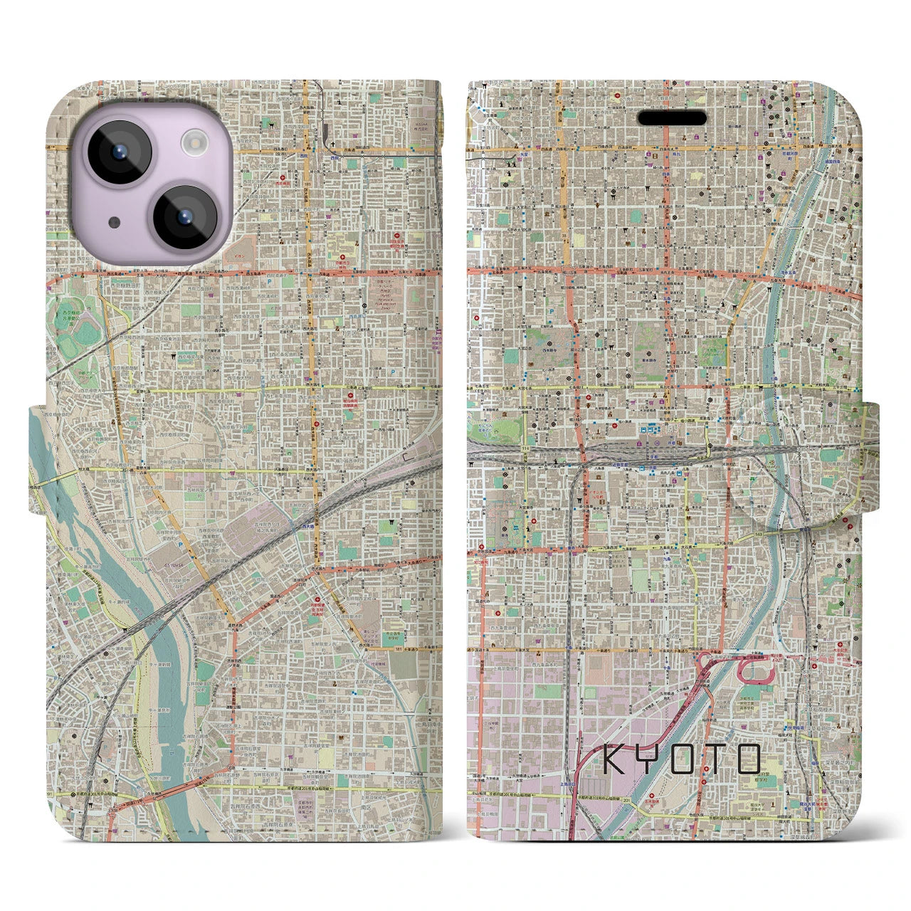【京都2】地図柄iPhoneケース（手帳両面タイプ・ナチュラル）iPhone 14 用