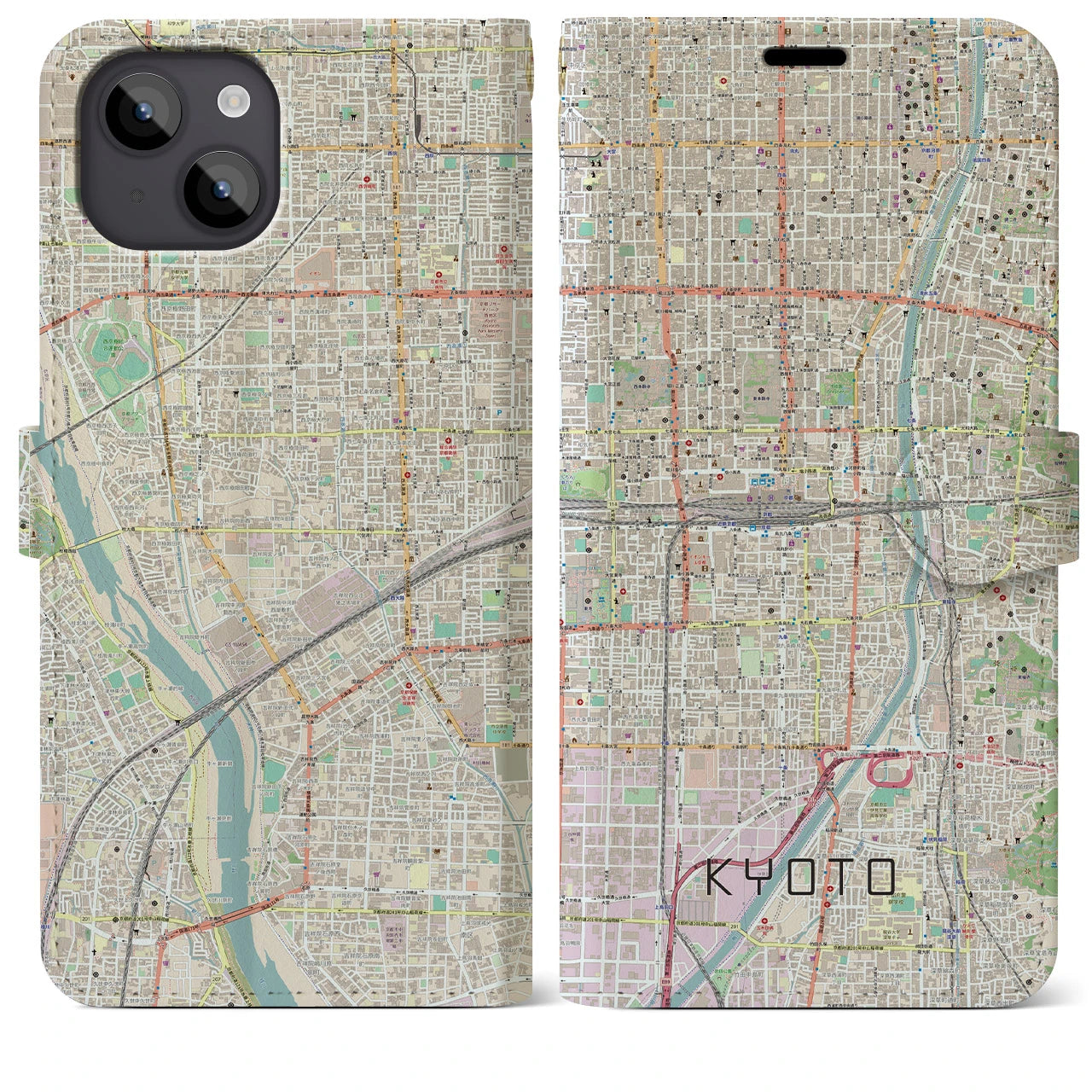 【京都2】地図柄iPhoneケース（手帳両面タイプ・ナチュラル）iPhone 14 Plus 用