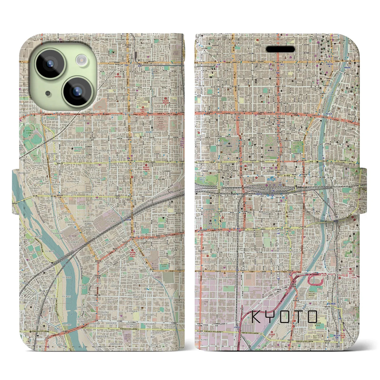 【京都2】地図柄iPhoneケース（手帳両面タイプ・ナチュラル）iPhone 15 用