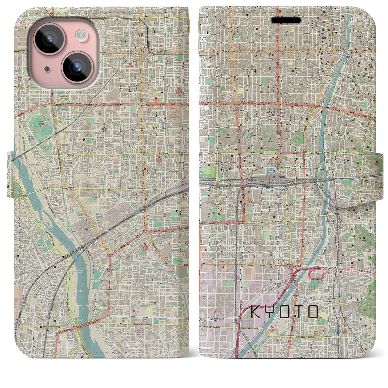 【京都2】地図柄iPhoneケース（手帳両面タイプ・ナチュラル）iPhone 15 Plus 用
