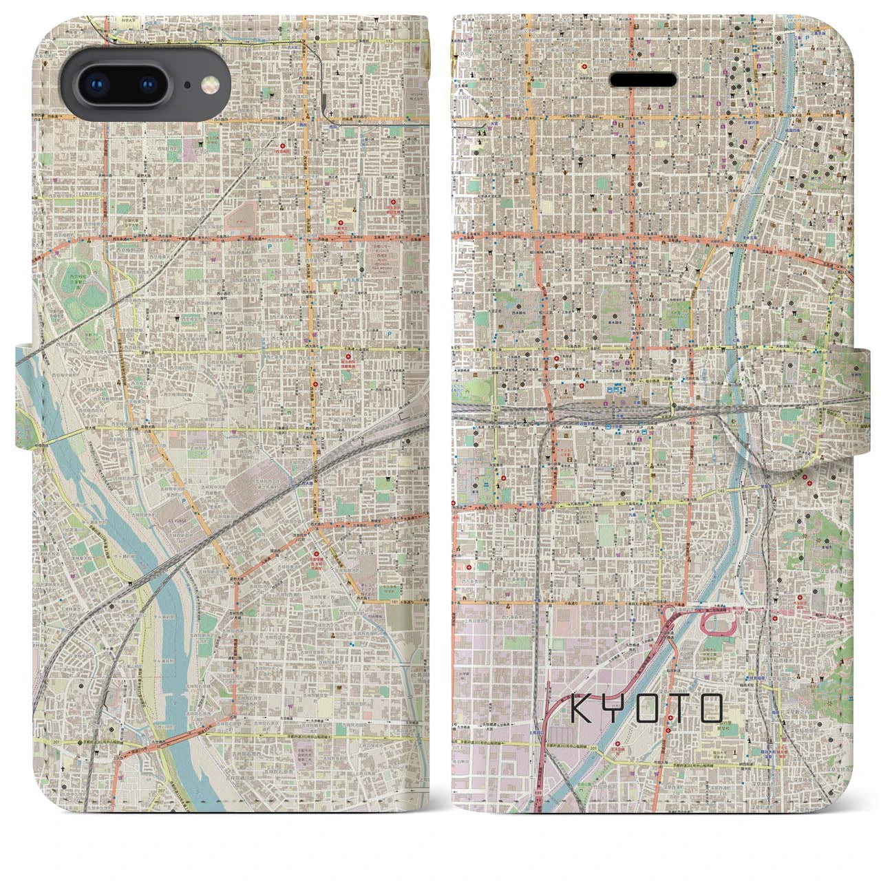 【京都2】地図柄iPhoneケース（手帳両面タイプ・ナチュラル）iPhone 8Plus /7Plus / 6sPlus / 6Plus 用