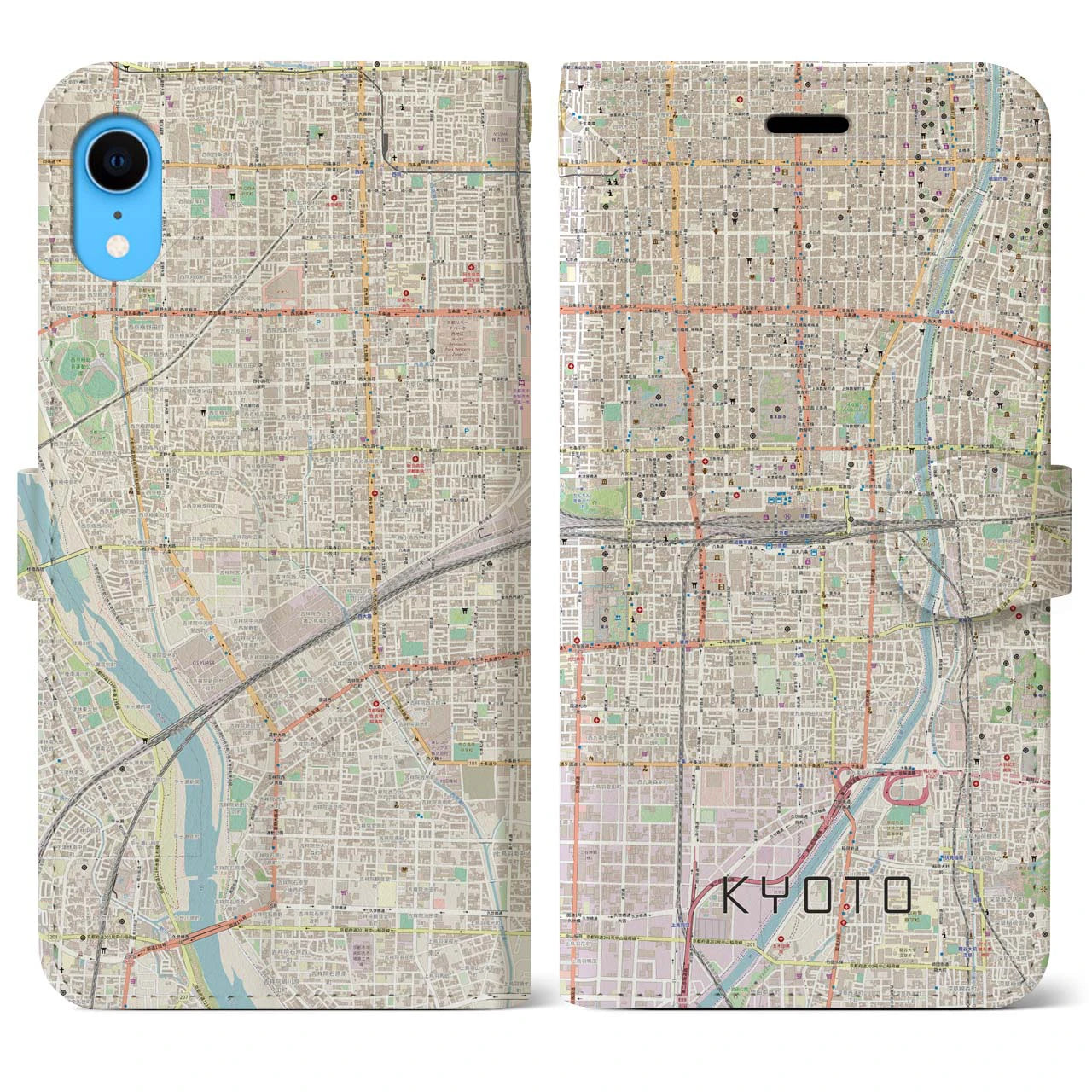 【京都2】地図柄iPhoneケース（手帳両面タイプ・ナチュラル）iPhone XR 用