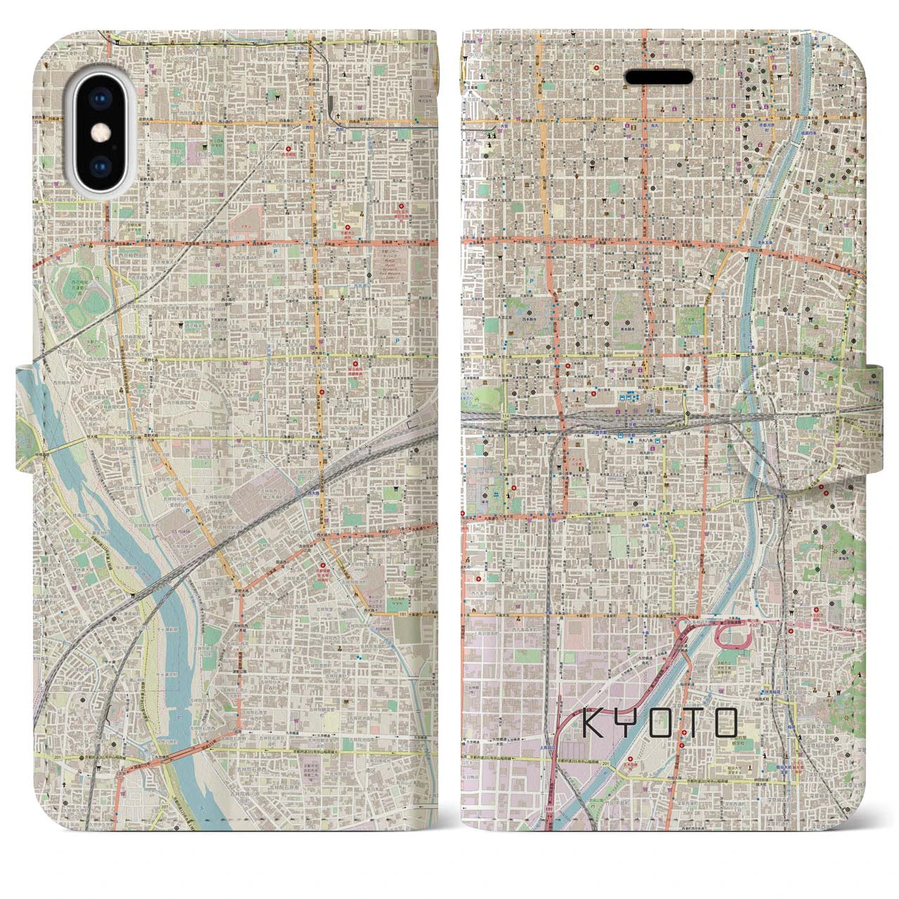 【京都2】地図柄iPhoneケース（手帳両面タイプ・ナチュラル）iPhone XS Max 用