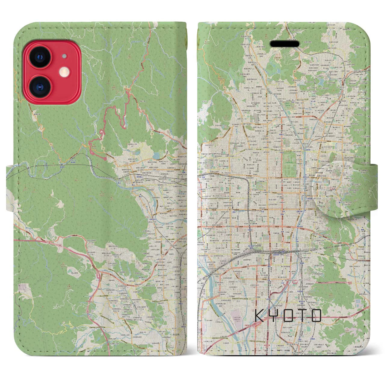 【京都】地図柄iPhoneケース（手帳両面タイプ・ナチュラル）iPhone 11 用
