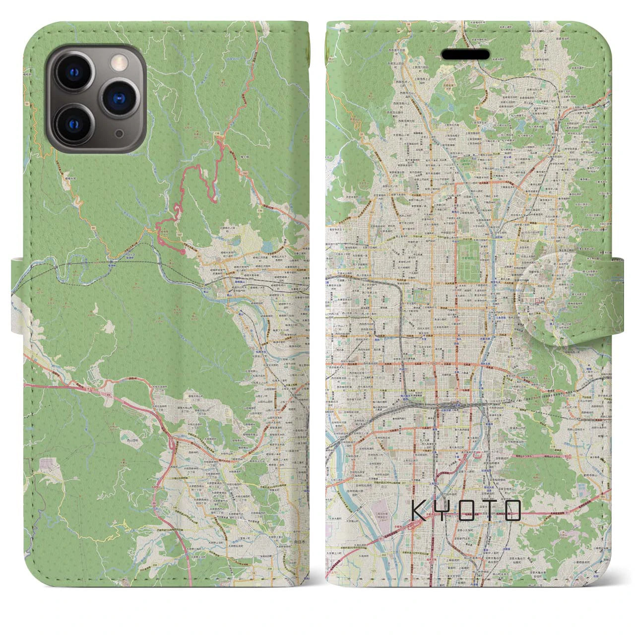 【京都】地図柄iPhoneケース（手帳両面タイプ・ナチュラル）iPhone 11 Pro Max 用