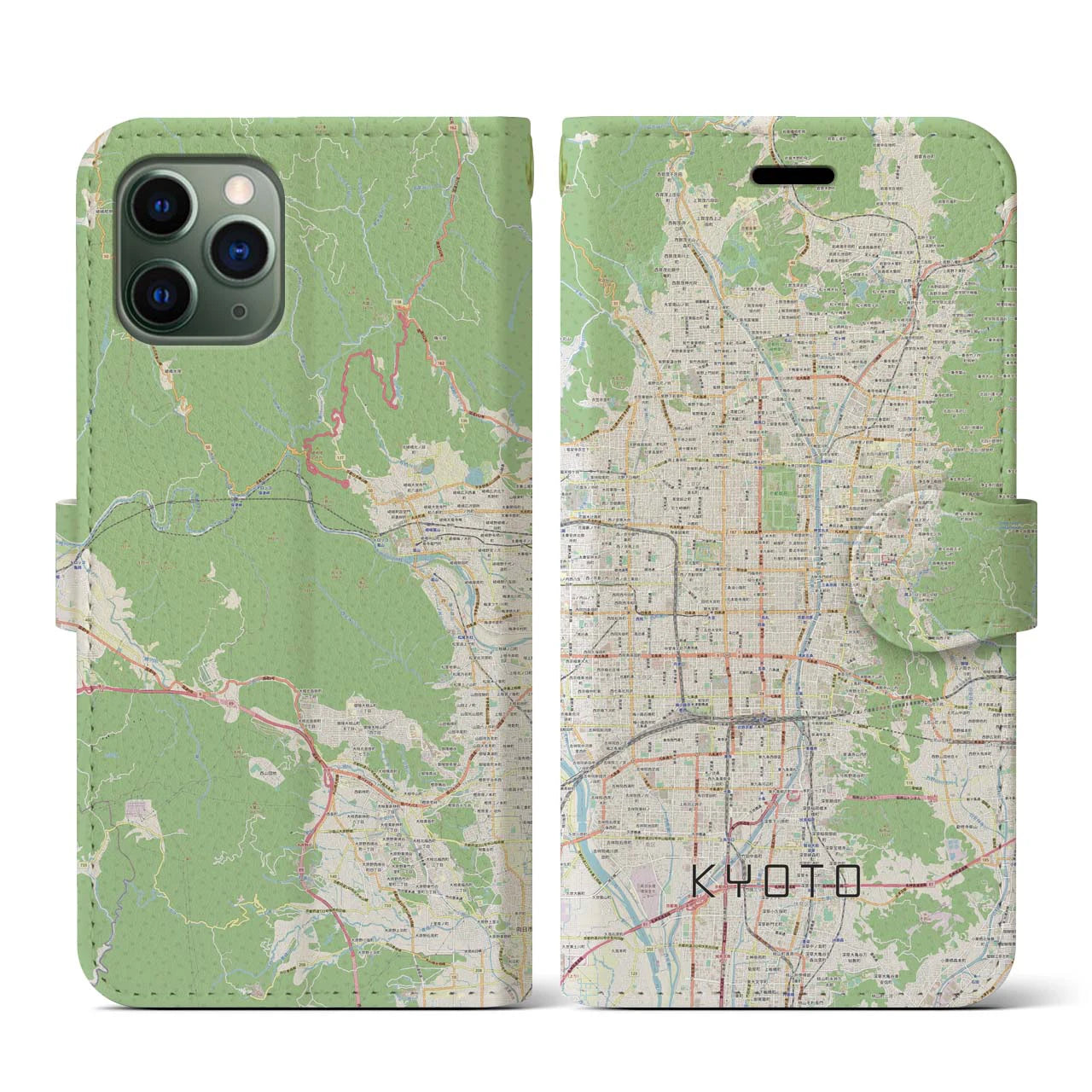 【京都】地図柄iPhoneケース（手帳両面タイプ・ナチュラル）iPhone 11 Pro 用